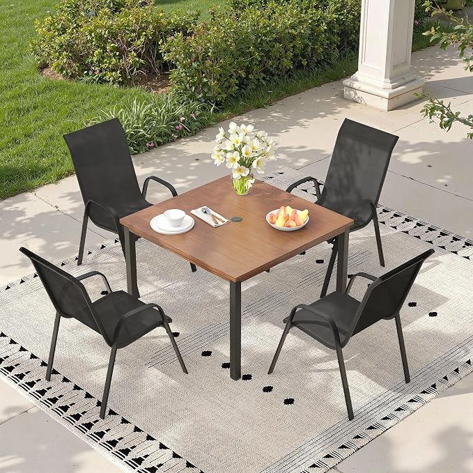 5 Pieces Outdoor Dining Set, 40.2" Square Table with Umbrella Hole & Stackable Patio Dining Chairs, Patio Table and Chairs Set for Deck Garden Porch, Black Chairs & Walnut Table