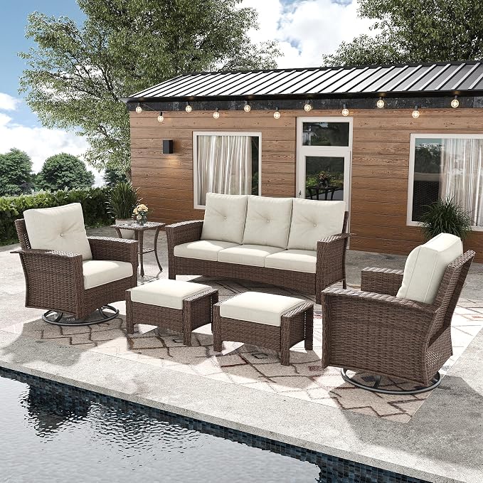 6 Pieces Outdoor Patio Furniture Set, Wicker Patio Sectional Set Conversation Wicker Swivel Chairs with Small Side Table