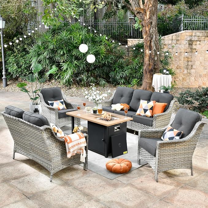 HOOOWOOO 5 Piece Patio Set with Fire Pit Table, All Weather Resistant High Back Rattan Outdoor Furniture (Black)