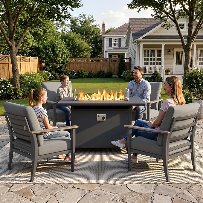 Aluminum Outdoor Patio Furniture Set with Swivel Rocking Chairs 5-Piece, Patio Sectional Sofa Patio Conversation Set with 55,000 BTU Fire Pit Table High Backrest & Thickened Cushions, Grey