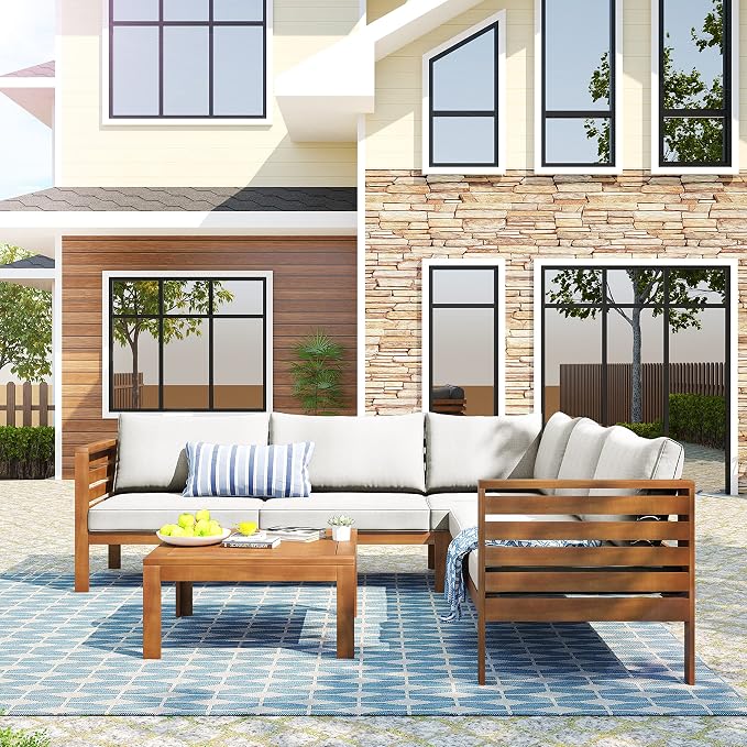 Outdoor Patio Conversation Furniture Set, Acacia Wood Sectional Sofa Set with Coffee Table, 4 Piece Outdoor Sofa Set with Two-person Sofa and Corner Sofa for Backyard (Natural log+Beige Cushions)