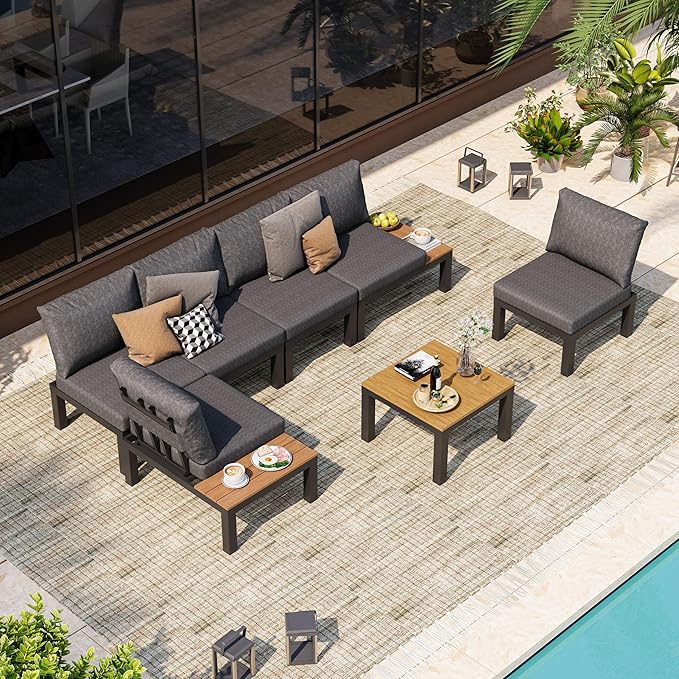Aluminum Modular Outdoor Patio Furniture Set, 6 Seats Patio Sectional Sofa Set with Adjustable Backrest & Thick Cushions, All-Weather Conversation Sets with Table for Garden & Yard, Graphite