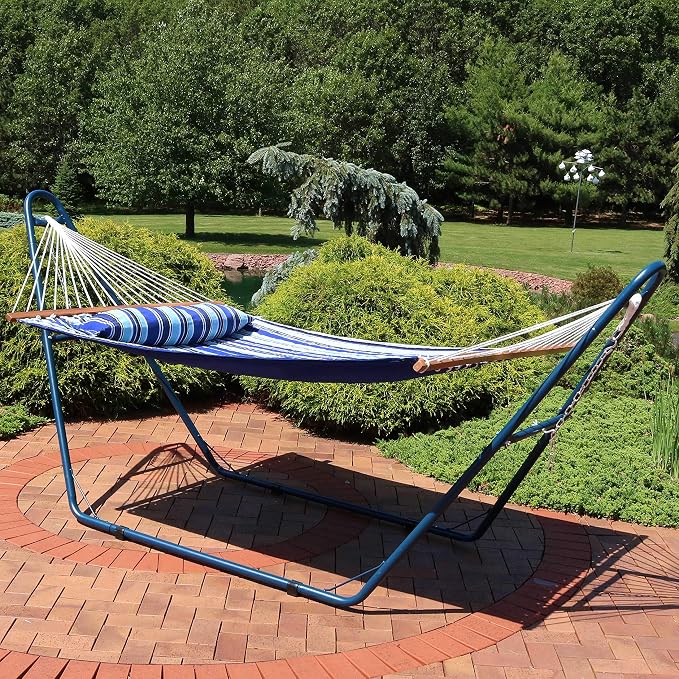 Sunnydaze Double Quilted Fabric Hammock with Universal Steel Stand - 450-Pound Capacity - Blue Stand - Catalina Beach