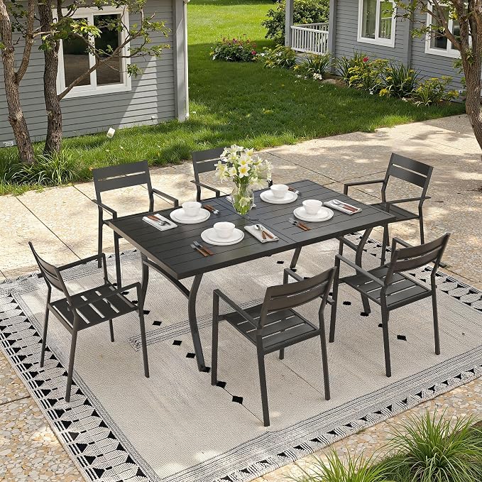 7 Pieces Patio Dining Set, 63" Outdoor Dining Table and Chairs Set for 6 Outdoor Furniture with Stackable Patio Chairs for Lawn Garden Backyard, Black Table and Black Chairs