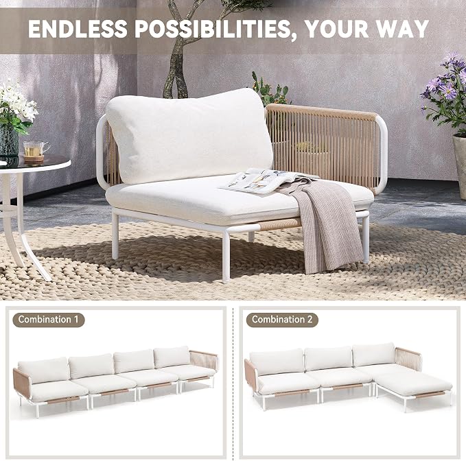 Crestlive Products Outdoor Patio Furniture Set, 4 Seater Modular Oversized Patio Conversation Set with Cushions, Modern Metal Sectional Outdoor Couch for Backyard, Deck, Porch, or Poolside, Beige