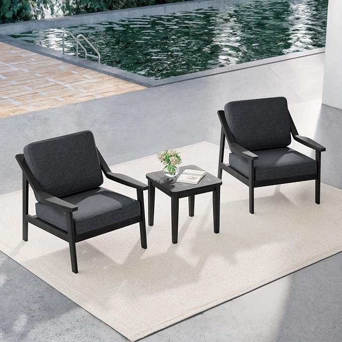 Outdoor Patio Furniture Set, 3 Piece Patio Conversation Sets with Washable Thick Cushions, All-Weather Solid Wood Patio Bistro Set for Porch, Balcony, Black Frame & Dark Gray Cushion
