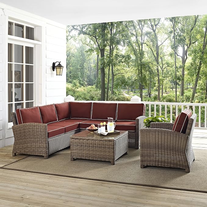 Crosley Furniture Bradenton 5-Piece Outdoor Sectional Sofa Wicker Conversation Patio Furniture Set for Deck, Brown with Sangria Cushions