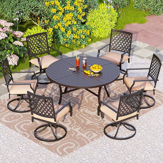 PHI VILLA 7 Pcs Outdoor Dining Set, 54" Round Table w/Umbrella Hole | 54" wrought iron table w/ umbrella hole &6 swivel chairs w/ cushions . Weather-resistant e-coated frame.Perfect for patio