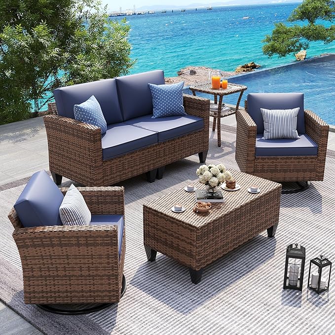 UDPATIO Patio Furniture Set, 5 Pieces Outdoor Wicker Furniture Set with Swivel Rocking Chairs Storage Table and Waterproof Covers for Backyard, Deck, Porch, Navy