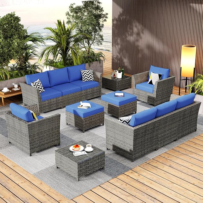 CAODOC 12 Pieces Outdoor Furniture Patio Sectional Sofa Couch Gray PE Wicker Conversation Sets with Ottomans Glass Coffee Table for Garden Poolside Backyard