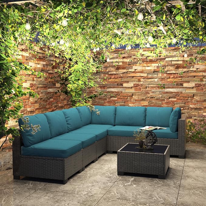GAOMON 7-Piece Outdoor Patio Furniture Set, All-Weather Wicker Sectional Sofa with Thick Cushions and Glass Top Coffee Table, Modular Conversation Set for Garden, Balcony, Porch, Poolside