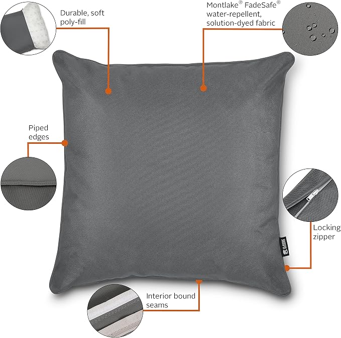Classic Accessories Montlake FadeSafe Indoor/Outdoor Accent Pillows, 20 x 20 x 8 Inch, 2 Pack, Light Charcoal