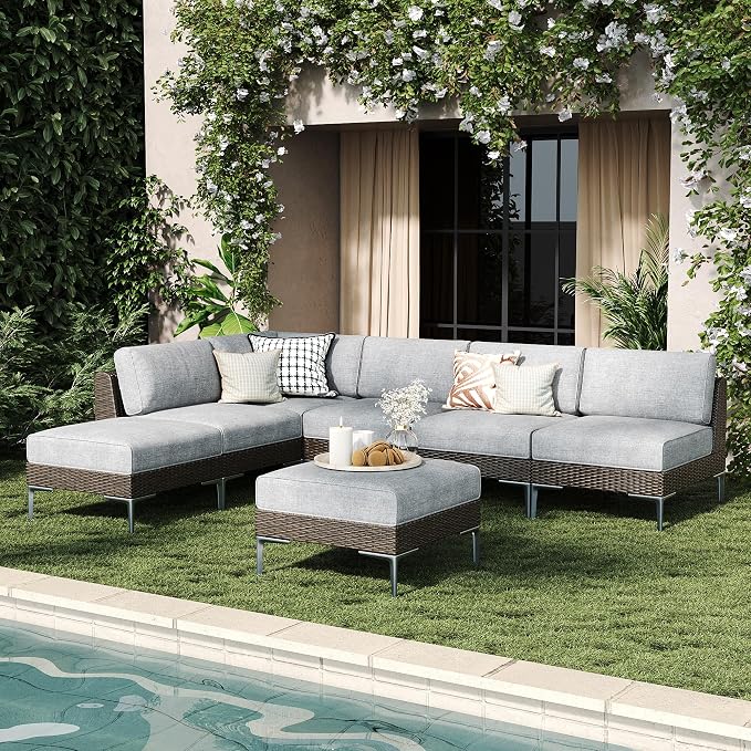 LayinSun 7-Piece Wicker Rattan Patio Furniture Set, Deep Seating Outdoor Modular Sectional Sofa Conversation Set with Thick Cushions for Lawn, Garden