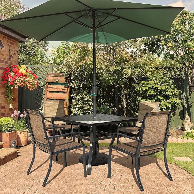 NUU GARDEN 5 Piece Outdoor Dining Set Patio Table and Chairs Set, 4 Textilene Dining Chairs and 1 Iron Patio Table with Umbrella Hole for Garden Patio Backyard, Black and Brown