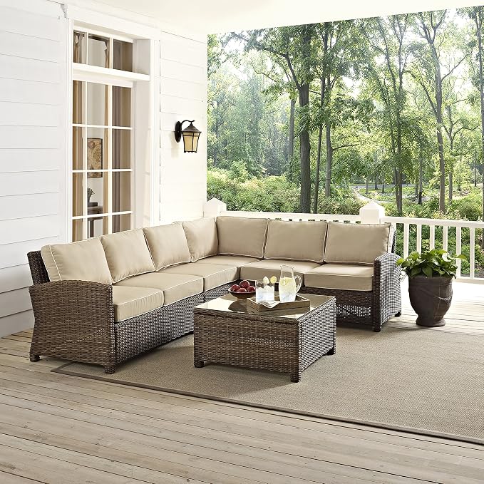 Crosley Furniture Bradenton 5-Piece Outdoor Sectional Sofa Wicker Conversation Patio Furniture Set for Deck, Brown with Sand Cushions