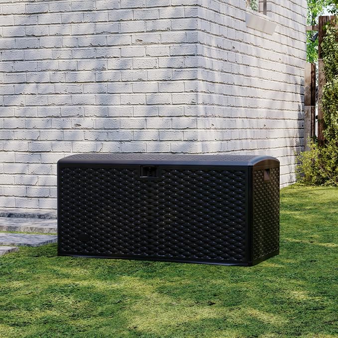 73 Gallon Waterproof Large Resin Deck Box Indoor Outdoor, Lockable Storage Container for Patio Furniture Cushions, Throw Pillows, Garden Tools, and Pool Floats, Black