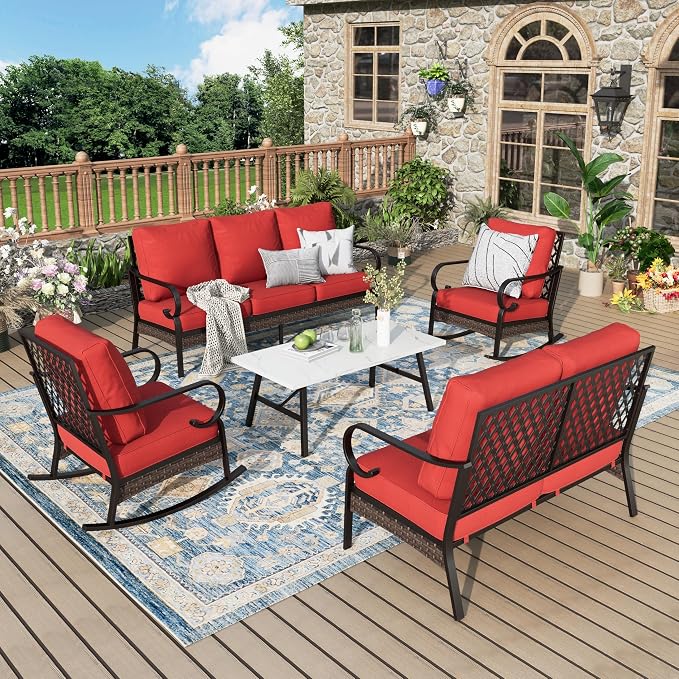 MIXPATIO Patio Furniture Set with Coffee Table, Outdoor Conversation Set with 2 x Rocking Chairs, 1 x 2-Seat Sofa, 1 x 3-Seat Sofa for Lawn Garden Backyard, Red