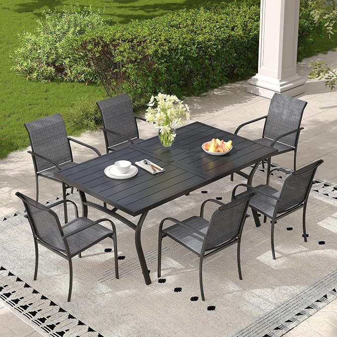 Patio Table and Chairs Set for 6, Outdoor Dining Set with 6 Stackable Dining Chairs and 63.1" x 28" Rectangle Patio Metal Table for Backyard, Deck, Lawn, Garden, Grey & Black