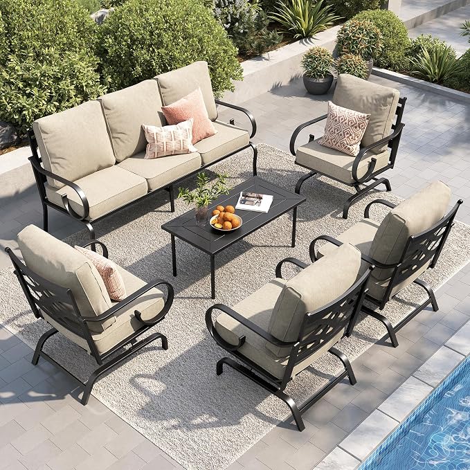 PHI VILLA Patio Furniture Set, 3-Seater Sofa, 4 Rocking Chairs and a Coffee Table, Outdoor Metal Conversation Set with 5.75" Extra Thick Cushion for Garden Backyard Deck, Beige