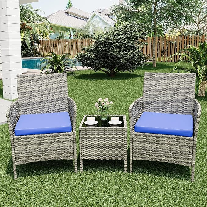 Takywep 3-Piece Outdoor Patio Bistro Set – PE Rattan Wicker Furniture, 2 Chairs, Soft Blue Cushions, Glass Coffee Table, Patio Conversation Set for Backyard, Porch, Apartment – Grey Gradient
