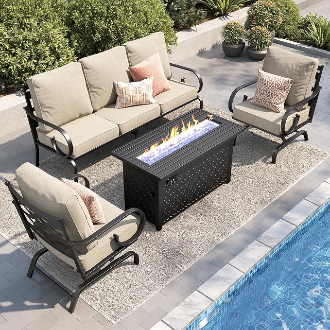 PHI VILLA Patio Furniture Set, 3-Seater Sofa, 2 Rocking Chairs and a 45" Fire Pit Table, Outdoor Metal Conversation Set with 5.75" Extra Thick Cushion for Garden Backyard Deck, Beige
