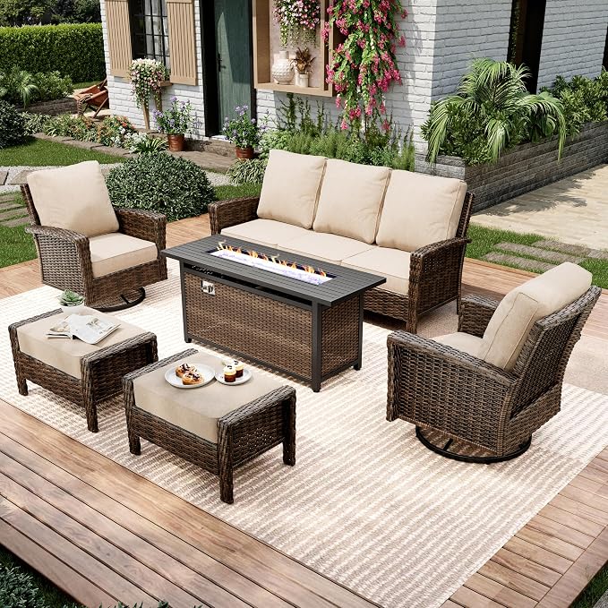 MIXPATIO 6-Piece Wicker Patio Furniture Set with Swivel Chairs, High Back Outdoor Furniture with 57'' Fire Pit Table and Ottoman, All-Weather Wicker Patio Conversation Set for Deck Yard Pool, Beige