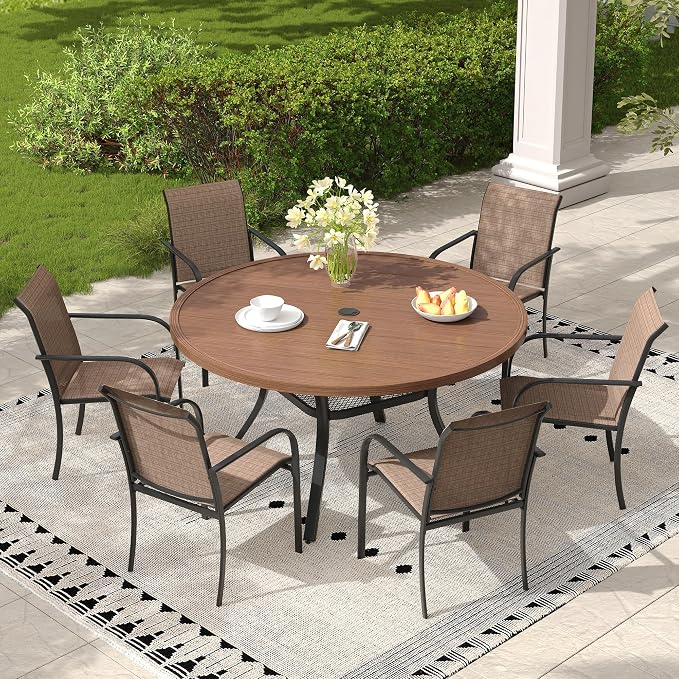 7 Pieces Outdoor Dining Set, Stackable Textilene Paito Chairs & 47.2" Round Dining Table with Umbrella Hole and Shelf, Patio Dining Set for Backyard, Deck, Garden, Brown & Walnut
