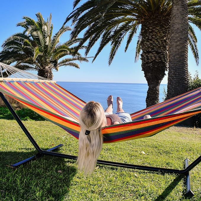 Sterling Sports Hammock for 2 Persons, 5ft Wide 420 lbs Capacity, Wooden Spreader for Outdoor Patio Yard Poolside, Tropical Rush