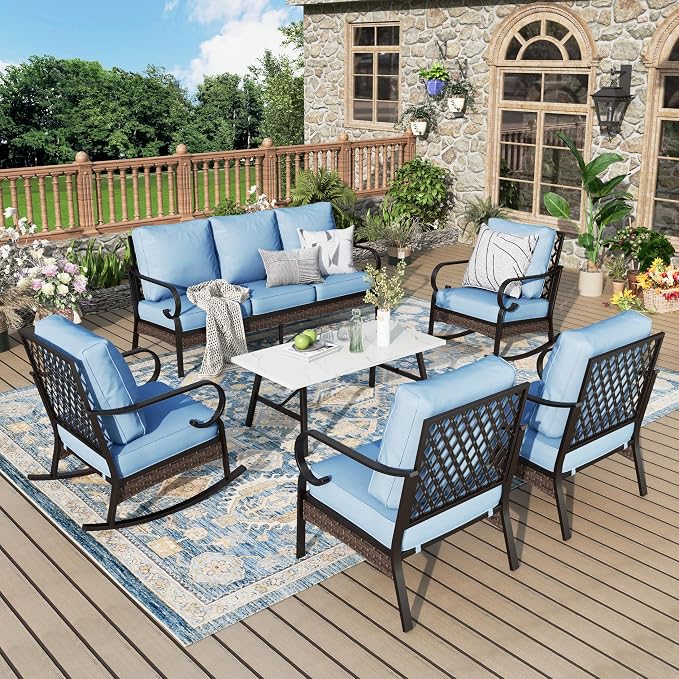 MIXPATIO Patio Furniture Set with Coffee Table, Outdoor Conversation Set with 2 x Fixed Chairs, 2 x Rocking Chairs, 1 x 3-Seat Sofa for Lawn Garden Backyard, Blue