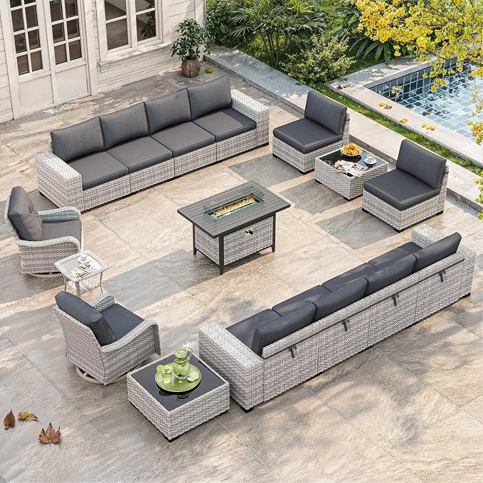 16 Piece Outdoor Wicker Sectional Sofa Set with Swivel Chairs & Fire Pit Table, 12-Seats with 4" Thickened Cushions & Coffee Table, All-Weather PE Rattan for Garden, Backyard, Charcoal Gray