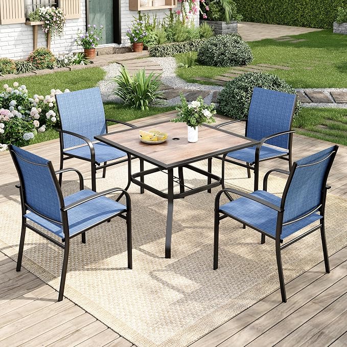 MIXPATIO 5 Pieces Patio Table and Chairs Set, 4 Person Outdoor Dining Furniture Set, 4 Blue Textilene Chairs and 37" Wood-Like Table Top Table with Umbrella Hole, for Deck Backyard Lawn