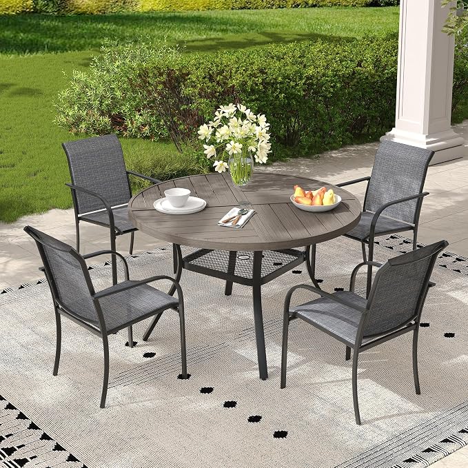 5 Pieces Outdoor Dining Set, Stackable Textilene Paito Chairs & 40.5" Round Dining Table with Umbrella Hole and Shelf, Patio Dining Set for Backyard, Deck, Garden, Grey