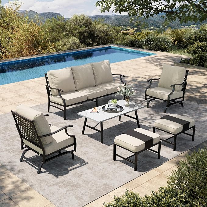 HERA'S HOUSE 6 Piece Patio Furniture Set, 2 x Rocking Cushioned Chair, 2 x Cushioned Ottoman, 1 x 3-Seat Sofa with Marbling Coffee Table, Outdoor Conversation Set for Lawn Garden Backyard