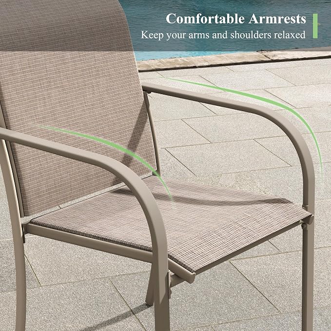 5 Pieces Outdoor Dining Set, Stackable Textilene Paito Chairs & 40.5" Round Dining Table with Umbrella Hole and Shelf, Patio Dining Set for Backyard, Deck, Garden, Sandshell
