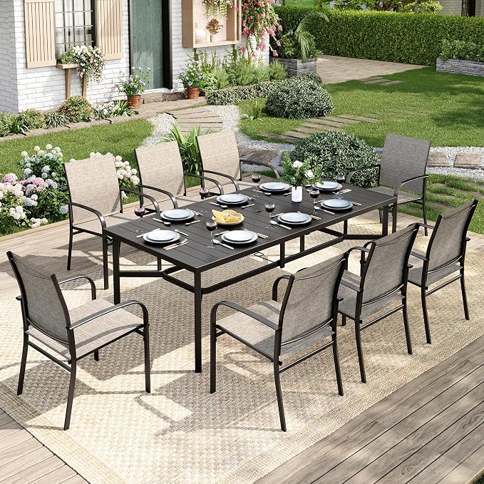 MIXPATIO 9 Pieces Patio Table and Chairs Set, Patio Dining Set for 8, 8 Brown Textilene Chairs and 83” Rectangular Patio Dining Table with Umbrella Hole, for Deck Backyard Lawn Poolside