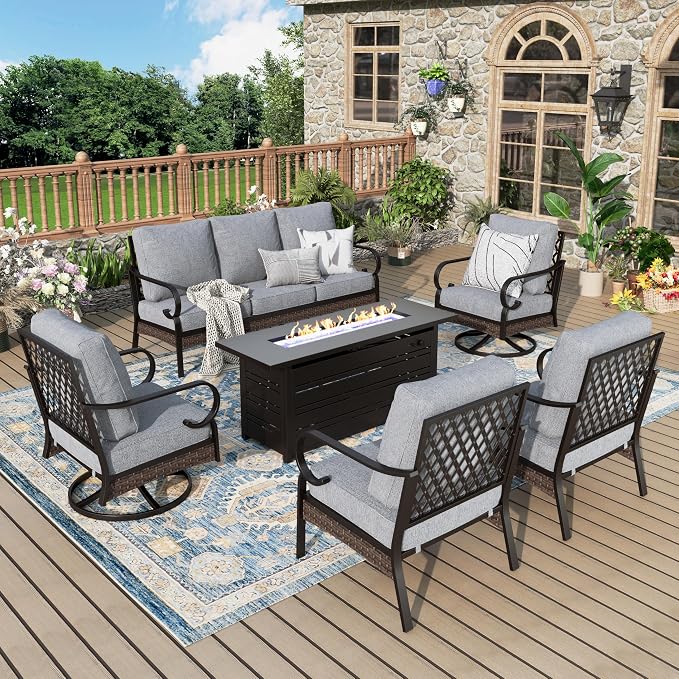 MIXPATIO Patio Furniture Set with Fire Pit Table, Metal Outdoor Conversation Set with 5.75'' Extra Thick Cushion, 2 Swivel Chairs, 2 Leg Chairs, 3-Seat Sofa and Gas Fire Pit Table, Grey
