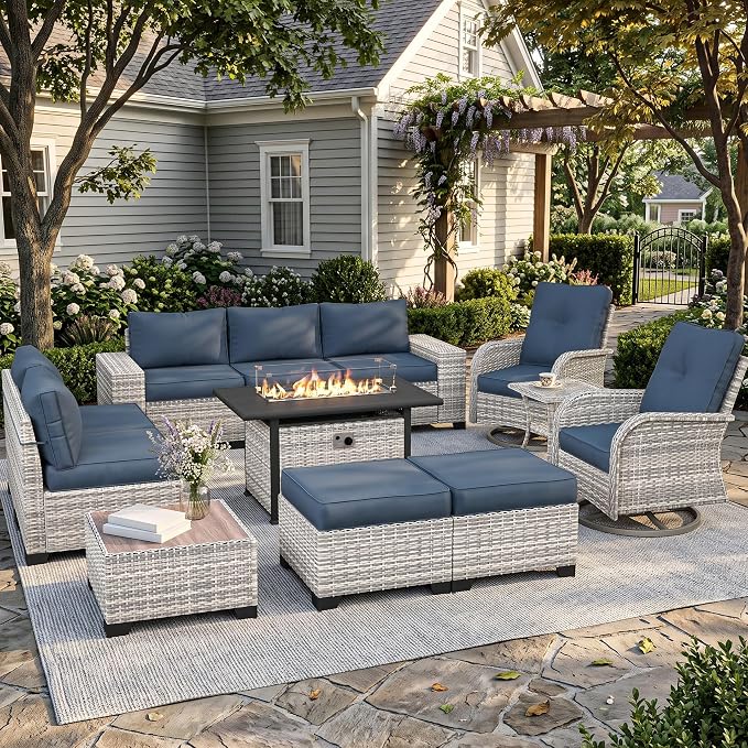12-Piece Outdoor Patio Furniture Set with Rocking Swivel Chair, PE Wicker Rattan Sectional Sofa 55,000 BTU Fire Pit Table Patio Conversation Set with Ottomans and Chunky Arms, Navy Blue