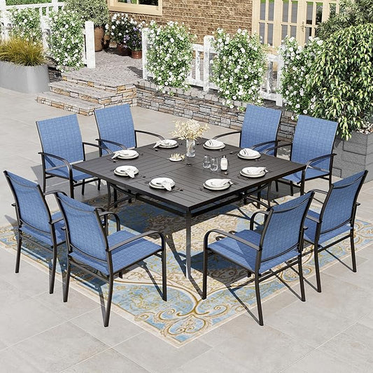 HERA'S HOUSE 9 Pieces Patio Dining Sets, Outdoor Table and Chairs Set of 8, 8 x Blue Textilene Dining Chair, 60" Square Metal Dining Table with 1.57" Umbrella Hole for Lawn Garden Backyard Deck