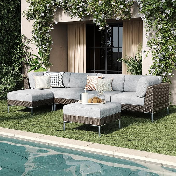 LayinSun 6-Piece Wicker Rattan Patio Furniture Set, Deep Seating Outdoor Modular Sectional Sofa Conversation Set with Thick Cushions for Lawn, Garden