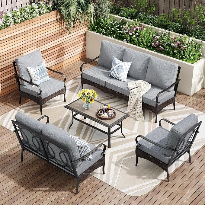 PHI VILLA Outdoor Modern Patio Furniture Set, Upgraded Wicker & Metal Patio Conversation Set with Waterproof Thick Cushions for Porch, Poolside, Yard (5 Pieces,Grey)