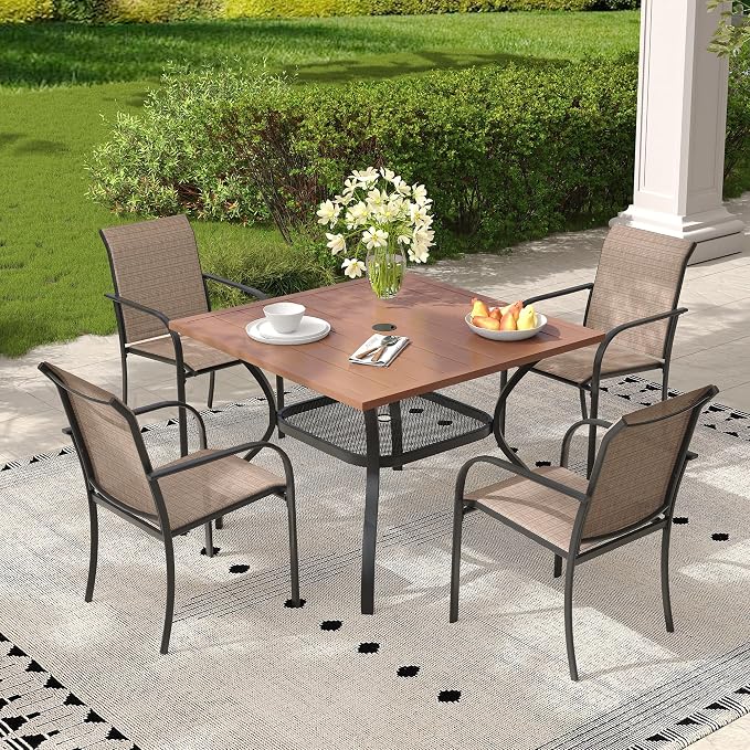 5 Pieces Outdoor Dining Set, Stackable Textilene Paito Chairs & 37.8" Square Dining Table with Umbrella Hole and Shelf, Patio Dining Set for Backyard, Deck, Garden, Brown & Walnut