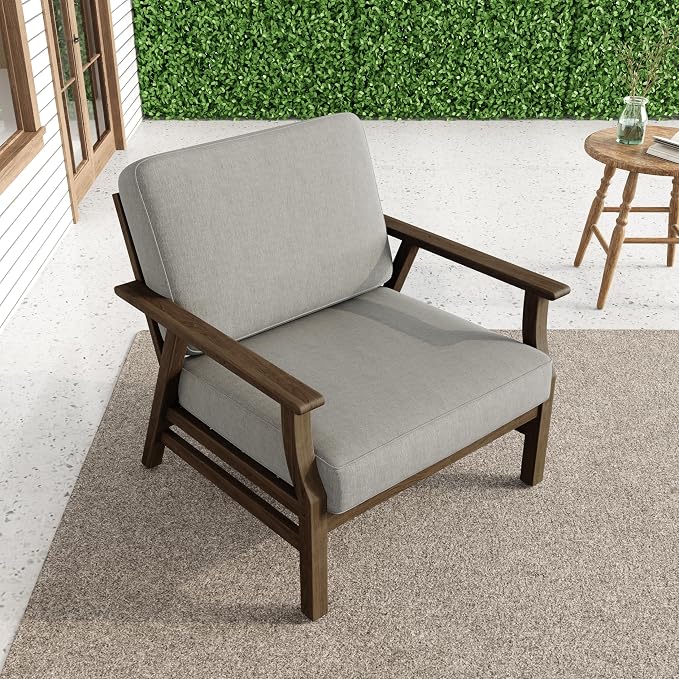 2 Piece Wood Patio Chair Outdoor Bistro Set, Outdoor Armrest Chair All Weather Patio Sofa Furniture Backyard Conversation Sets with Cushions, Light Camel