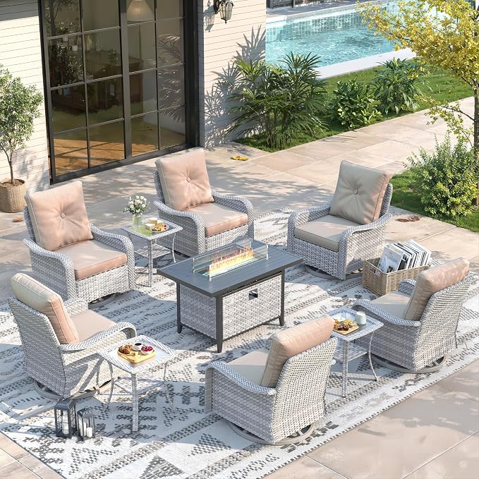 10 Piece Wicker Patio Furniture Set with 55,000 BTU Fire Pit Table, Swivel Rocking Chairs, 4''Cushions, PE Rattan, Wind Guard Glass, for Backyard, Deck or Balcony, Beige