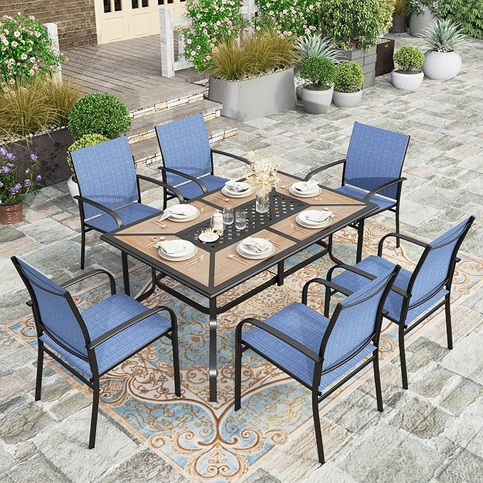 HERA'S HOUSE 7pc Patio Dining Set, Metal Table with PVC Top, Blue Chairs | 61" rectangular table with umbrella hole, 6 textilene chairs. Waterproof, rust-resistant, all-weather for yard, porch
