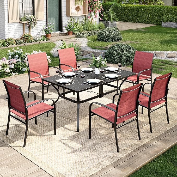 MIXPATIO Patio Table and Chairs Set, Patio Dining Sets for 6 with Red Chairs and Metal Rectangular Table, 7-Piece Patio Furniture Set for Deck Backyard Poolside