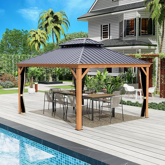 Kozyard Apollo 12’x14’ Hardtop Gazebo, Wooden Coated Aluminum Frame Canopy with Galvanized Steel Double Roof, Outdoor Permanent Metal Pavilion with Netting for Patio Lawn