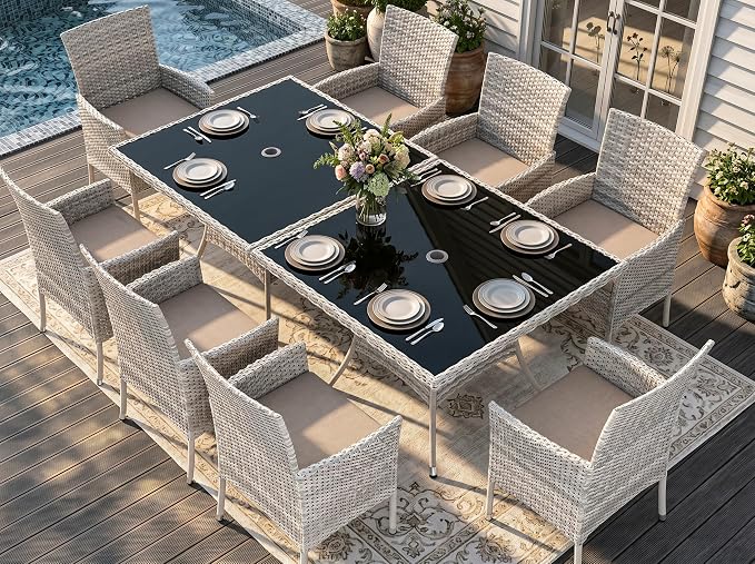 Outdoor Dining Set, 10-Piece Patio Furniture Set with Tempered Glass Table and 8 Cushioned Chairs, Dual-Strand Wicker Rattan, Balcony Furniture for Backyard, Garden, Deck,– Beige