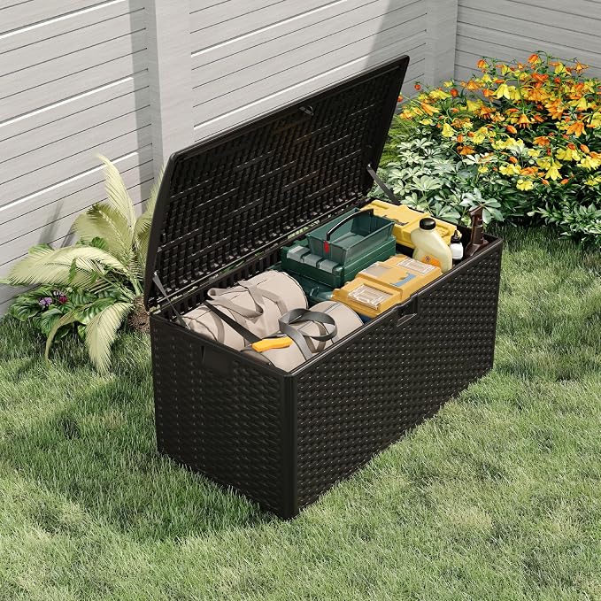 Jojoka 99 Gallon Outdoor Storage Box – Lockable Waterproof & UV-Resistant Deck Box for Patio – Large Garden Storage Bench with Lid for Tools, Cushions & Pool Accessories – Black, Webbing