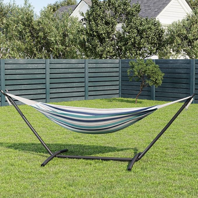 Garvee Double Hammock with Foldable Steel Stand and Carry Bag – Indoor/Outdoor Standing Hammock, 450 LBS Capacity, for Garden, Camping, Beach (Ocean)