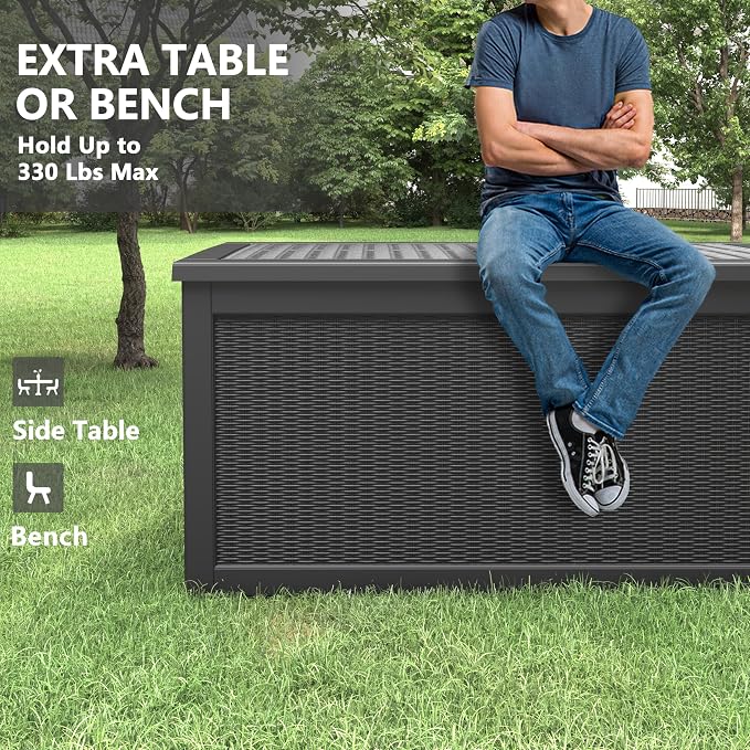 Bifanuo Outdoor Storage Box, 260 Gallon Deck Boxes Waterproof, Resin Storage Cabinet Multi Functional Storage Bench For Gardening Tools, Pool Supplies, Patio Furniture, Lockable